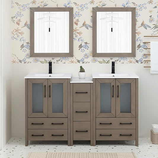 HOMEBEYOND 60 Inch Modern Bathroom Vanity with Sink & Mirror, Double Sink Vanity Cabinet with Basin and Mirror, Dove-Tailed Drawers, Soft-Closing Doors, Wood, Driftwood Gray