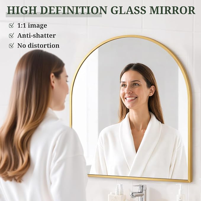 Arched Wall Mirror 32x31 Inch Gold Bathroom Vanity Mirror with Metal Frame | Modern Arch Mirror for Bedroom, Living Room, Entryway, Wall Mounted Decorative Mirror