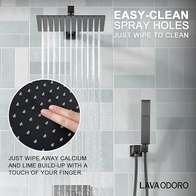 Lava Odoro Modern 3-Setting Square Shower and Tub Faucet Set with Shower Head and Handheld Sprayer Black, Rainfall Shower System with Tub Spout, Shower Valve Trim Kit, Matte Black, SF103-MB-T