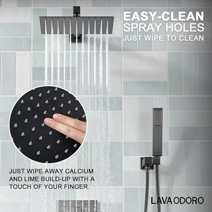 Lava Odoro Modern 2-Setting Square Shower System with Rain Shower Head and Handheld Spray Black, Rainfall Shower Faucet Set Chrome, Shower Valve and Trim Kit, Polished Chrome SF103-MB