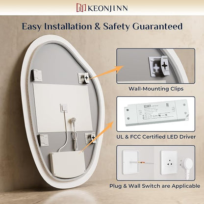 Keonjinn Irregular Bathroom Mirror with Lights 48" x 30", Tempered Glass | Asymmetrical Backlit Bathroom Mirror, Stepless Dimmable with 3 Colors, Fast Defogging, Memory Function, Plug-in/Hardwired