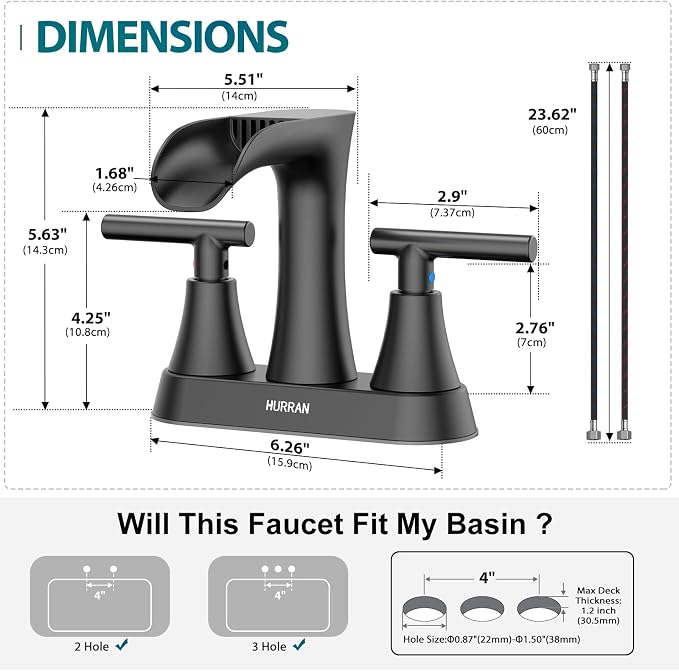 Waterfall Bathroom Faucets 3 Hole, HURRAN 4 Inch Centerset Bathroom Sink Faucet with Pop-up Drain, Stainless Steel 2 Handle Modern Sink Faucet Mixer Tap for Vanity RV Restroom Basin, Matte Black