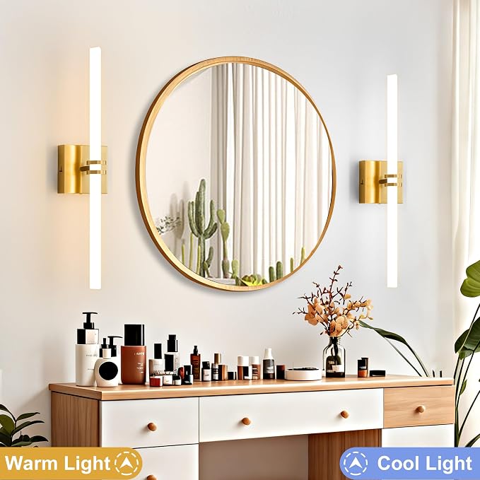 Gold Bathroom Light Fixture LED Vanity Light 22" Wall Sconce | 5CCT Dimmable Wall Light, Modern 360° Lighting, 18W Hardwired Vanity Light for Bathroom, Flicker-Free