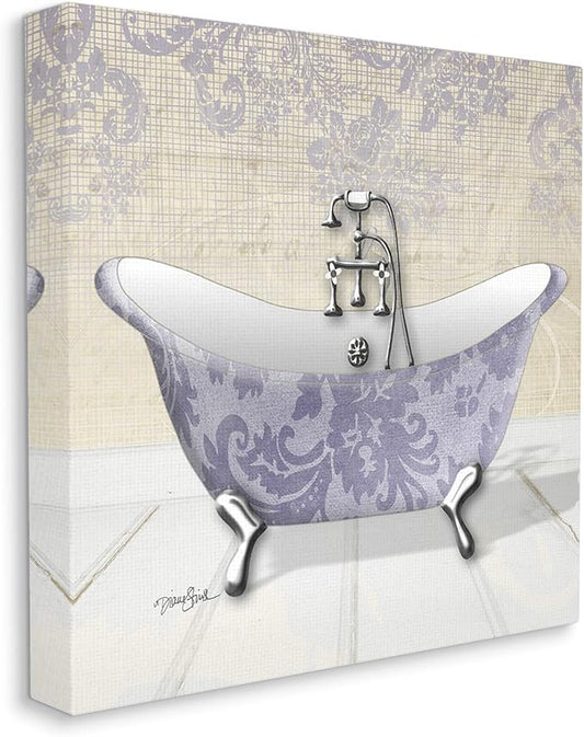 Purple Damask Claw Foot Tub Bathroom, 24 x 24 Inch Canvas Wall Art | Stupell Industries · By Diane Stimson · Ready to hang · Bath and laundry decor · Made in USA