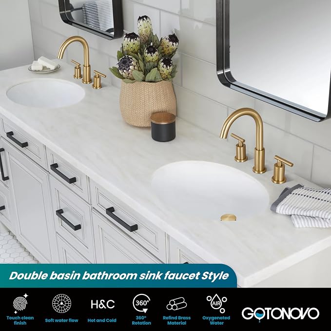 gotonovo 8 Inch Widespread 3 Hole Bathroom Sink Faucet Brushed Gold | SUS304,2 Lever Handle Bathroom Faucet,360° Swivel Spout,24’’ cUPC Hose,6-16’’ Vanity,Sink,Lavatory,Basin,RV,Pop-up Drain