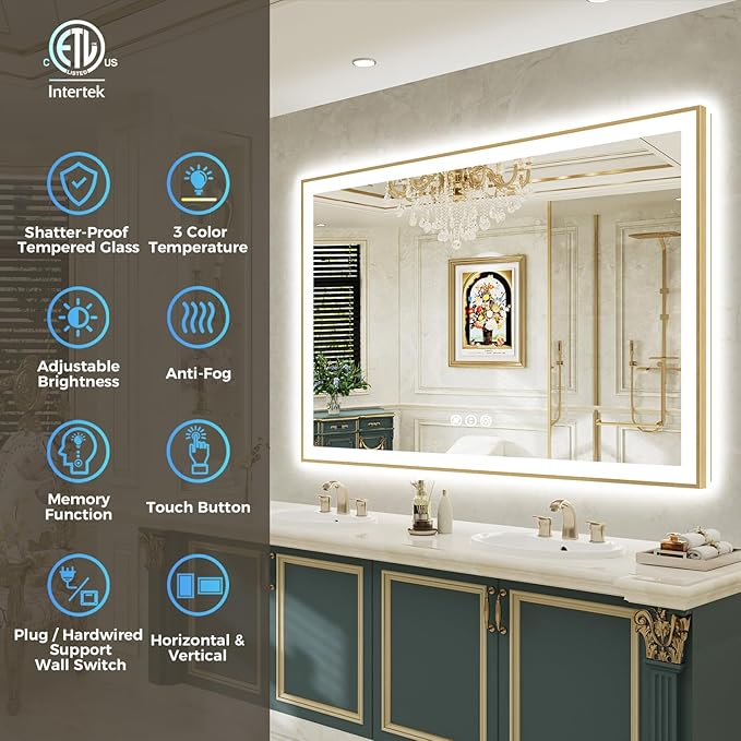 68x38 Inch LED Bathroom Mirror with Lights (Front Lit and Backlit) Gold Framed Lighted Vanity Mirror for Bathroom Wall Dimmable Anti-Fog Memory Tempered Glass Horizontal/Vertical