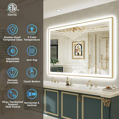 60x40 Inch LED Bathroom Mirror with Lights (Front Lit and Backlit) Gold Framed Lighted Vanity Mirror for Bathroom Wall Dimmable Anti-Fog Memory Tempered Glass Horizontal/Vertical