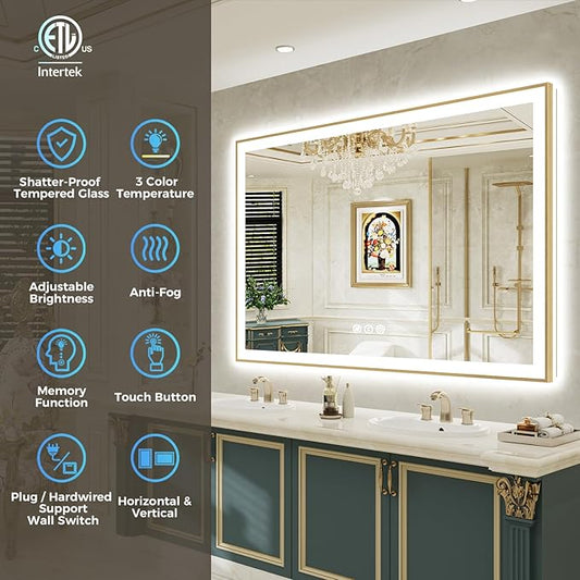 30x30 Inch LED Bathroom Mirror with Lights (Front Lit and Backlit) Gold Framed Lighted Vanity Mirror for Bathroom Wall Dimmable Anti-Fog Memory Tempered Glass Horizontal/Vertical