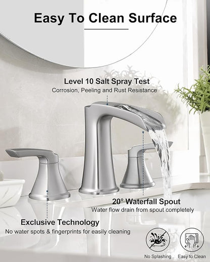 Brushed Nickel Bathroom Faucets, Brass Widespread Waterfall Faucet for Bathroom Sink, 3 Hole Bathroom Sink Faucet, 8 Inch 2 Handle Bathroom Vanity Faucets with Pop-up Drain for Lavatory RV