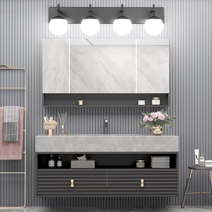 Ralbay Mid Century Modern Vanity Lights 4-Light Mid Century Modern Bathroom Light Fixtures Over Mirror, Milky Glass Globe Matte Black Bathroom Wall Light Fixture (Exclude Bulb)