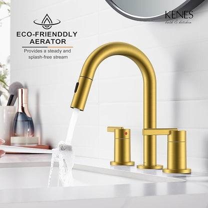 KENES Brushed Gold Pull Down Bathroom Faucet, 8 Inch 2 Handle Widespread Bathroom Faucet 3 Hole with Pull Out Sprayer, Bathroom Sink Faucet with Pop Up Drain & Supply Lines LJ-9068-4