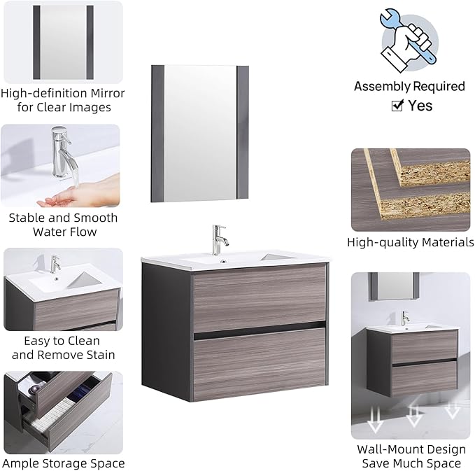 walsport Floating Bathroom Vanity with Sink & Mirror & Faucet & Countertop Set Small Wall Mounted Bathroom Single Sink Cabinet with Double Storage Drawers Modern (Brown1)