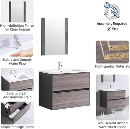 walsport Floating Bathroom Vanity with Sink & Mirror & Faucet & Countertop Set Small Wall Mounted Bathroom Single Sink Cabinet with Double Storage Drawers Modern (Brown1)