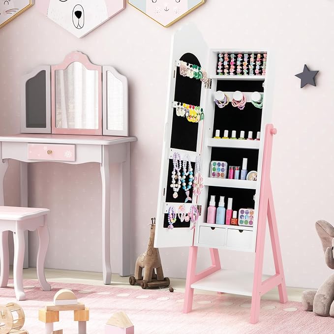 CHARMAID Kids Jewelry Organizer with Full Length Mirror, Standing Jewelry Armoire with Drawers and Storage Shelves, Kids Dress Up Mirror Jewelry Cabinet for Girls Gift (White)