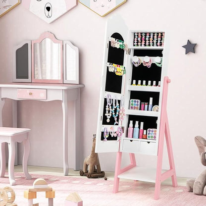 CHARMAID Kids Jewelry Organizer with Full Length Mirror, Standing Jewelry Armoire with Drawers and Storage Shelves, Kids Dress Up Mirror Jewelry Cabinet for Girls Gift (White)