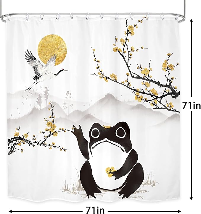 LGhtyro Funny Frog Shower Curtain Bathroom Set 71Wx71H Inches Asian Style Traditional Landscape Scenery Japanese Golden Plum Blossom Sun Bath Accessories Mountain Art Home Decor Fabric 12 Pack Hooks