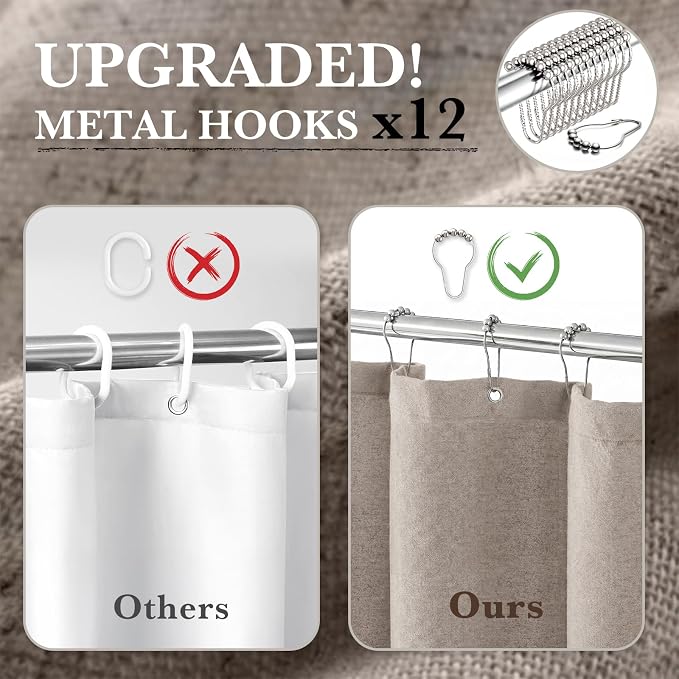 Seasonwood Linen Shower Curtain Neutral Vintage Farmhouse Linen Shower Curtains for Bathroom Boho Bathroom Decor with 12 Sturdy Stainless Steel Sliding Hangers(Greige,72x84 Inches)