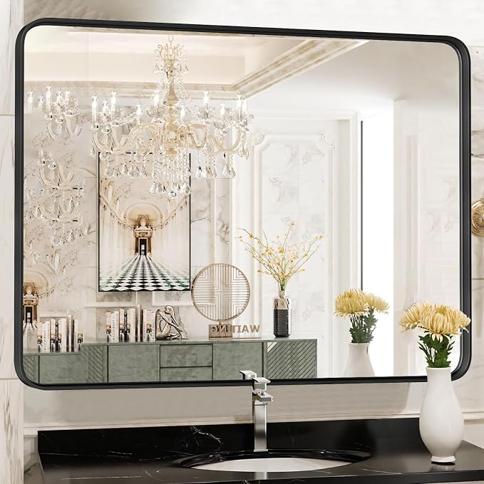 NEWBULIG Bathroom Wall Mirror Over Sink, Vanity Mirror, 30x40 Inch | Matte Metal Framed Mirrors with Tempered Glass,Entryway, Living Room Bedroom, Black
