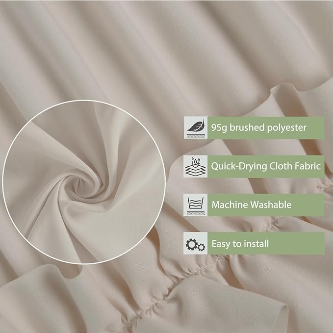 Farmhouse Ruffle Shower Curtain, Camel, 72 x 72 in | Decorative Elegant Bathroom Curtain with 12 Holes, Soft Ruched Microfiber Fabric, Vintage Handmade Design