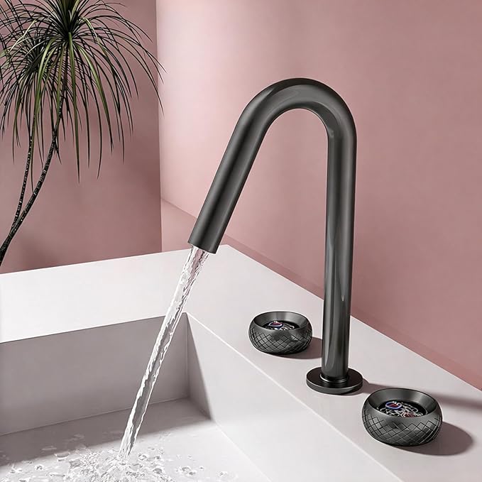 Wide Spread Bathroom Faucets for Sink 3 Hole Dual Mode 2 Knob Restroom Faucet Brass,Gun Gray