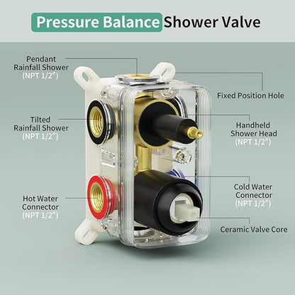 Shower Faucet Set Shower System - SR SUN RISE Matte Black Shower Trim Kit with Dual Shower Head, 12'' Ceiling Rainfall 6'' Wall Mount with Handheld Shower for Couples, Complete 6 Diverter Valve