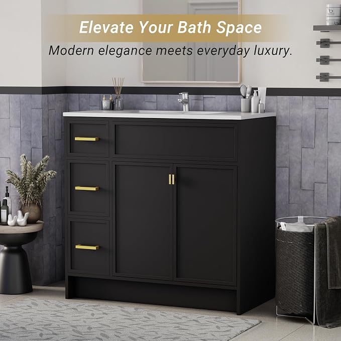 36 Inch Freestanding Bathroom Vanity with Sink, Shaker Style Black Cabinet with 3 Drawers & Double Doors, Waterproof Lacquer Finish, Ideal for Master Bathroom & Family Home
