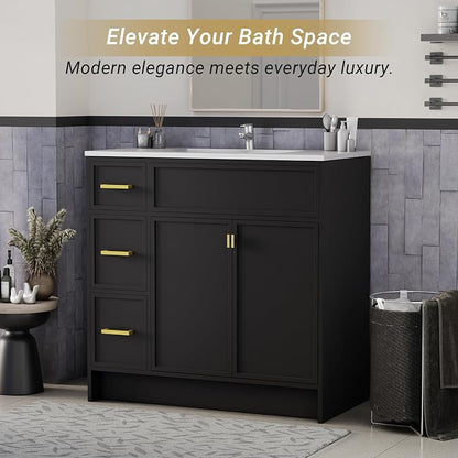 36 Inch Freestanding Bathroom Vanity with Sink, Shaker Style Black Cabinet with 3 Drawers & Double Doors, Waterproof Lacquer Finish, Ideal for Master Bathroom & Family Home