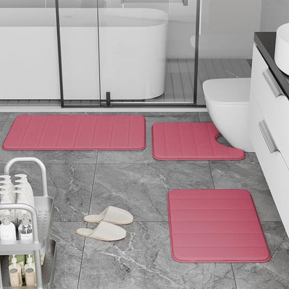 Pink Memory Foam Bath Mat Set, Bathroom Rugs for 3 Pieces, Toilet Mats, Soft Comfortable, Water Absorption, Non-Slip, Thick, Machine Washable, Easier to Dry for Floor Mats Pink Bathroom Sets