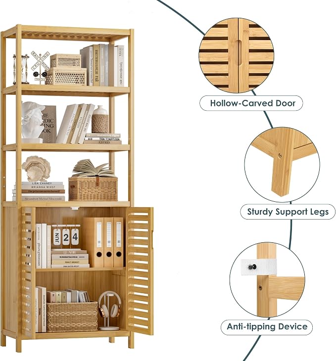 6-Tier Bamboo Book Shelves with 2 Door, Tall Bathroom Storage Cabinet | Freestanding Natural Bamboo Cabinet, 67" Tall Cabinet w/Plant Stand for Home Office, Living Room, Kitchen Dining,Balcony,2PCS
