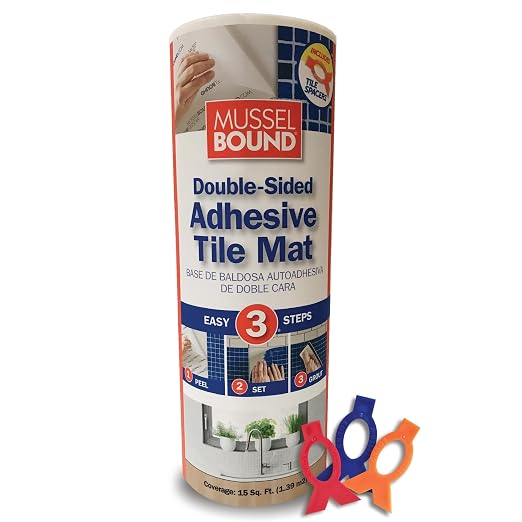 MusselBound® Adhesive Tile Mat with Spacers - a Strong Double-Sided Adhesive that Replaces Messy Mortar. Clean, Easy, No-Stress Way to Install Real Wall Tile. Lower Total Cost Than Peel & Stick Tiles