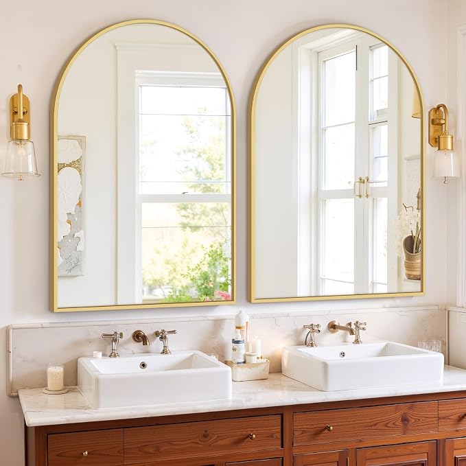 Bathroom Mirror for Wall, 36x24 Inch Arched Mirror, Matte Gold Metal Framed Bathroom Vanity Mirrors for Restroom Farmhouse, Anti-Rust, Tempered Glass, Hanging or Leaning