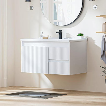Floating Bathroom Vanity with Sink, 32 Inch Wall Mounted Bathroom Vanity with 2 Drawers and Wave-Carved Design Door, Modern Wooden Cabinet with Ceramic Sink and Storage, White