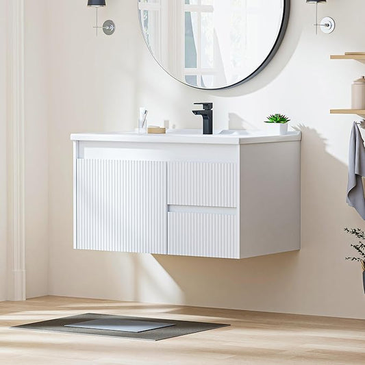 Floating Bathroom Vanity with Sink, 32 Inch Wall Mounted Bathroom Vanity with 2 Drawers and Wave-Carved Design Door, Modern Wooden Cabinet with Ceramic Sink and Storage, White