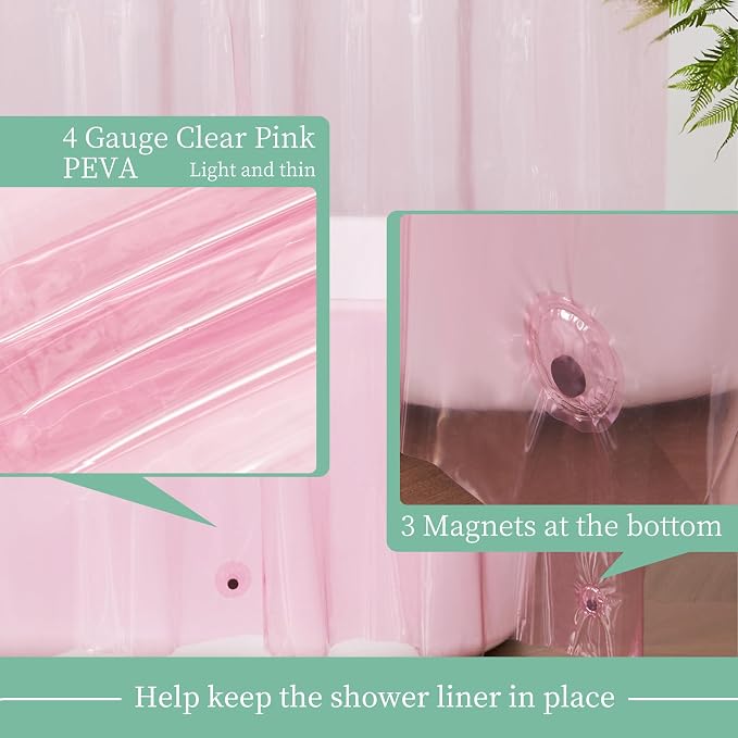 Mrs Awesome Clear Pink Shower Curtain Liner with 3 Magnets, 72x72 Premium Flexible Sturdy Plastic Shower Curtain for Bathroom Lightweight & Waterproof, Clear Pink