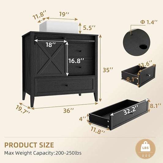 VNN Bathroom Vanity with Sink - 36 Inch Bathroom Vanity with Sink Ceramic, Freestanding Cabinet with Farmhouse Sliding Barn Door and 3 Drawers, Space-Saving Storage Cabinet, Wood Grain Texture, Black