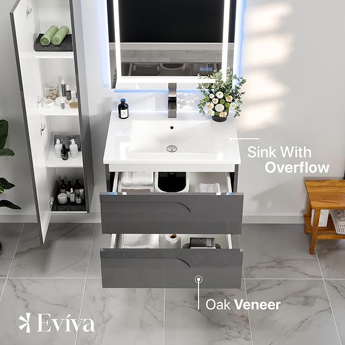 Eviva Joy 32 in. Gray Wall MountSingle Sink Bath Vanity with Porcelain Top and Integrated Sink