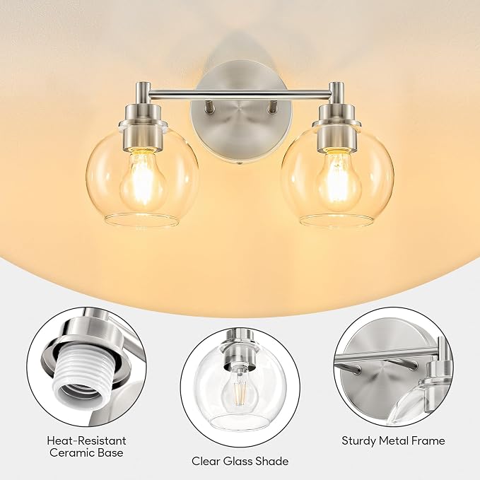 VONLUCE 2 Light Bathroom Vanity Light Fixtures, Brushed Nickel Finish | Globe Glass Shades, E26 Sockets, Easy to install, ETL Certificated, Vanity Lights for Bedroom Hallway Living Room