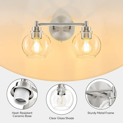 VONLUCE 2 Light Bathroom Vanity Light Fixtures, Brushed Nickel Finish | Globe Glass Shades, E26 Sockets, Easy to install, ETL Certificated, Vanity Lights for Bedroom Hallway Living Room