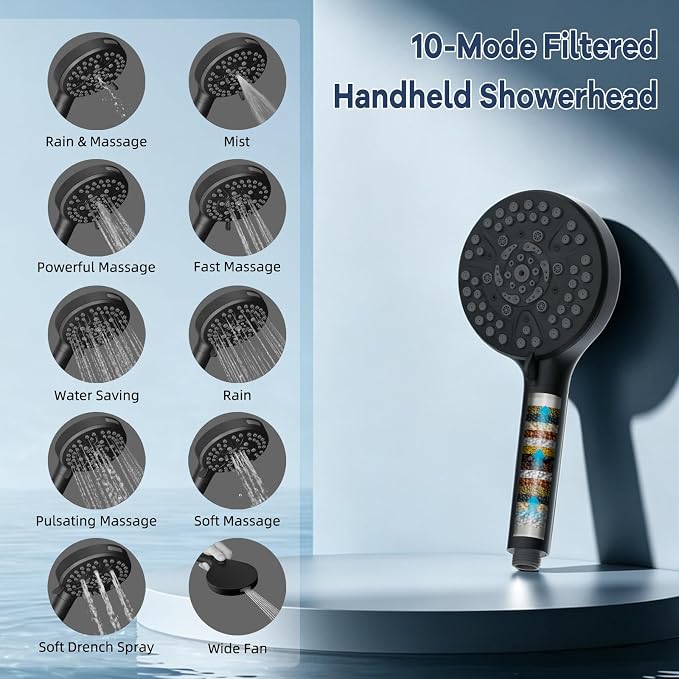 Hibbent 10'' Filtered Shower Head & Filtered 10-Mode Handheld Combo, Black | All Metal Stainless Steel Rain Showerhead, 4-way Diverter, Heightened All Metal Extension Arm, 71'' Hose & Holder, Easy Reach