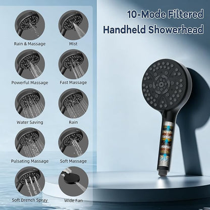Hibbent 10'' Filtered Shower Head & Filtered 10-Mode Handheld Combo, Black | All Metal Stainless Steel Rain Showerhead, 4-way Diverter, Heightened All Metal Extension Arm, 71'' Hose & Holder, Easy Reach