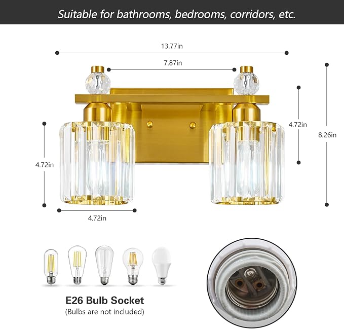 Bathroom Vanity Lights 2-Light Gold Modern Crystal Vanity Light Fixtures Over Mirror Crystal Bathroom Vanity Lighting Fixtures