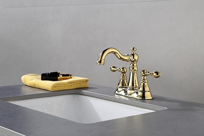 Two Handle Polished Brass Bathroom Faucet 3 Hole with Pop up Drain Assembly, Classic 4 Inch Centerset Lavatory Faucet with 360° Swivel Spout,F-0048-PB