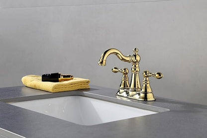 Two Handle Polished Brass Bathroom Faucet 3 Hole with Pop up Drain Assembly, Classic 4 Inch Centerset Lavatory Faucet with 360° Swivel Spout,F-0048-PB