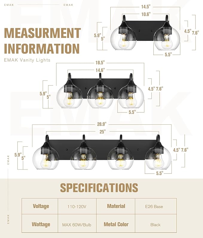 Emak Modern 29 Inch Black Vanity Lights, 4-Light Bathroom Vanity Light with Clear Glass Shade, Farmhouse Globe Bathroom Light Fixtures Over Mirror, VL118-BK-CG-4