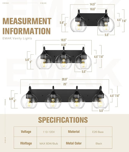 Emak Modern 29 Inch Black Vanity Lights, 4-Light Bathroom Vanity Light with Clear Glass Shade, Farmhouse Globe Bathroom Light Fixtures Over Mirror, VL118-BK-CG-4
