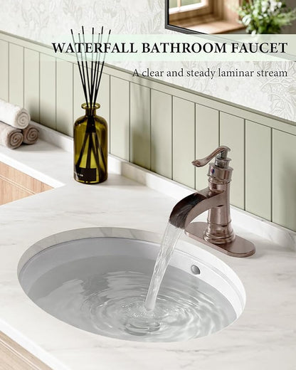 Homevacious Bathroom Faucet Copper Waterfall Bathroom Sink Faucets with Single Handle Rustic Vanity Farmhouse RV Faucet Suitable for 1 or 3 Holes with Pop-up Drain Deck Plate Hose