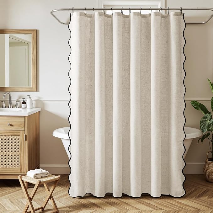MIULEE 84" Long Natural Scalloped Linen Shower Curtain 72W x 84L | 12 metal hooks, Linen scalloped, waterproof washable, thick heavy cloth, black border, boho farmhouse, bathroom hotel use