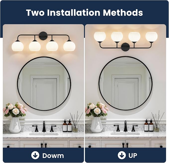 RUIYEY Bathroom Vanity Light Fixtures: 4-Light Matte Black Bathroom Lighting Fixtures Over Mirrors, Farmhouse Rustic Wall Sconce with Milky White Glass for Bath Living Room Cabinet