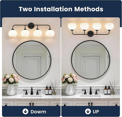 RUIYEY Bathroom Vanity Light Fixtures: 4-Light Matte Black Bathroom Lighting Fixtures Over Mirrors, Farmhouse Rustic Wall Sconce with Milky White Glass for Bath Living Room Cabinet
