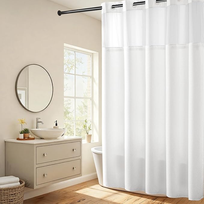 RiverDream Heavyweight Waffle No Hook Shower Curtain with Liner,White,71x86 | Dotted Waffle,Snap-in Liner,Heavy Duty,Quick Dry,Mesh Top Window,With Bottom Magnets,Hotel-Grade,Washable,Extra Long Size